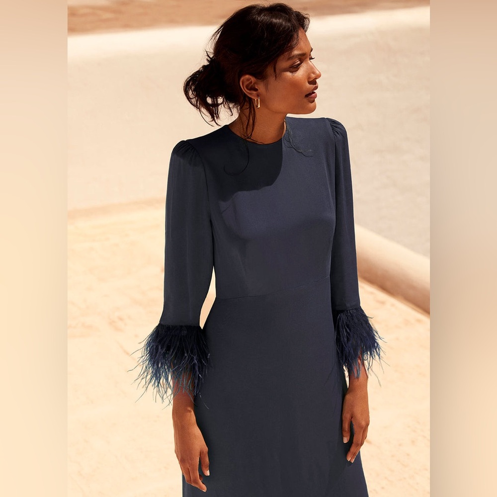 Mint Velvet navy blue feather trim midi dress